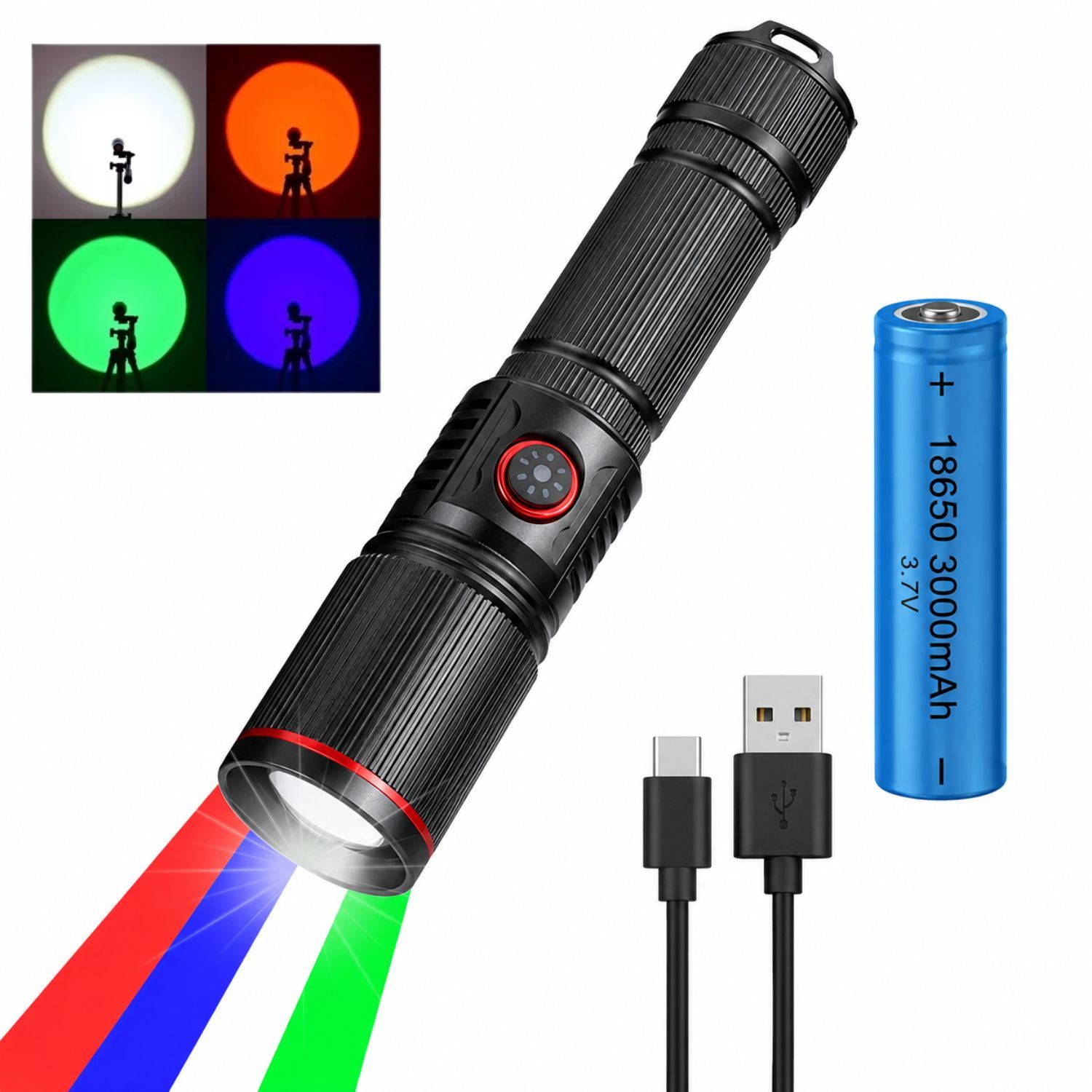 Linterna Táctica LED RGBW 1000 Lúmenes 4 Colores Recargable USB Tipo C Zoom Ajustable